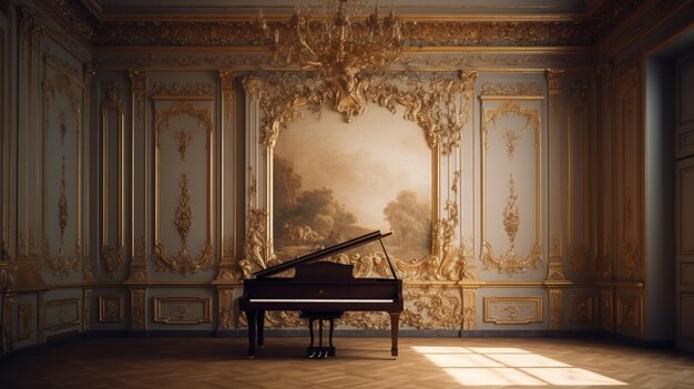 habitación arafed con un piano de cola y una pintura en la pared generativo ai