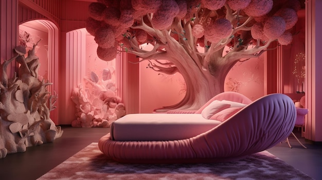 Una habitación con un árbol y una cama que dice 'habitación rosa'