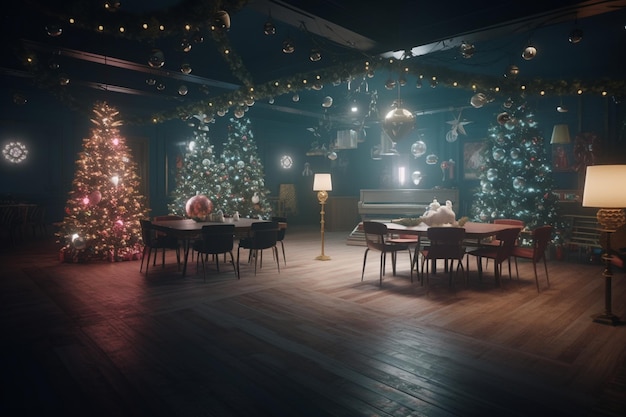 Una habitación con un árbol de navidad y un piano.