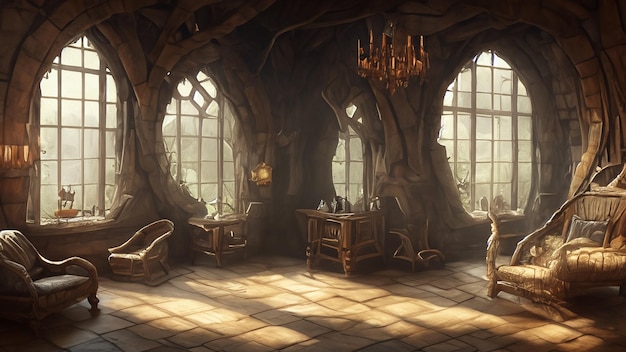 una habitación con un árbol y sillas y una mesa con una lámpara en ella