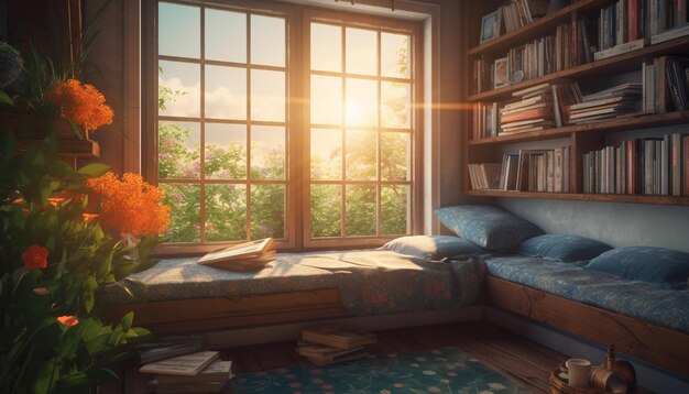 Una habitación con un asiento junto a la ventana y una librería con una flor.