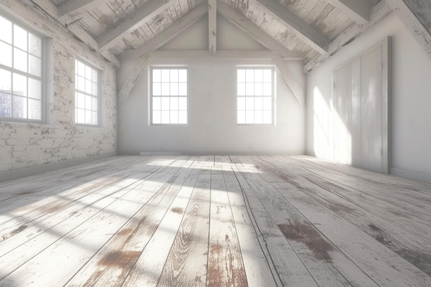 habitación de ático vacía blanca y suelo de madera