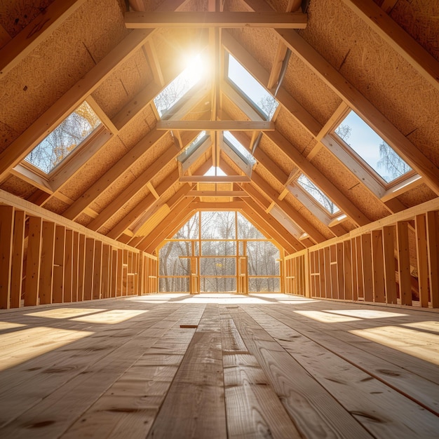 Habitación en el ático con vigas de madera y claraboya