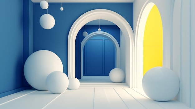 Una habitación azul con bolas blancas en el suelo y una puerta amarilla.