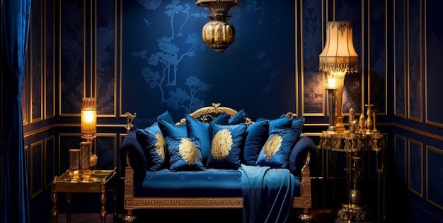 habitación azul y dorada con diseño caprichoso color azul oscuro