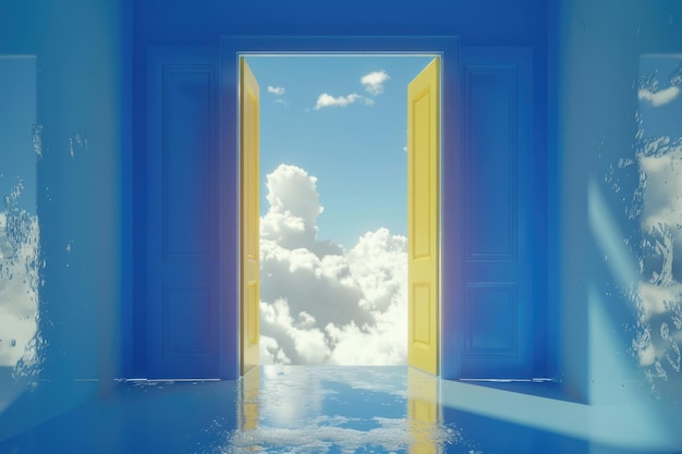 Foto habitación azul con dos puertas amarillas y cielo nublado afuera
