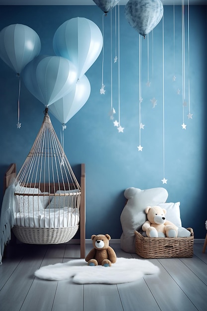 Una habitación azul con un globo blanco colgando del techo y un oso de peluche en el techo.