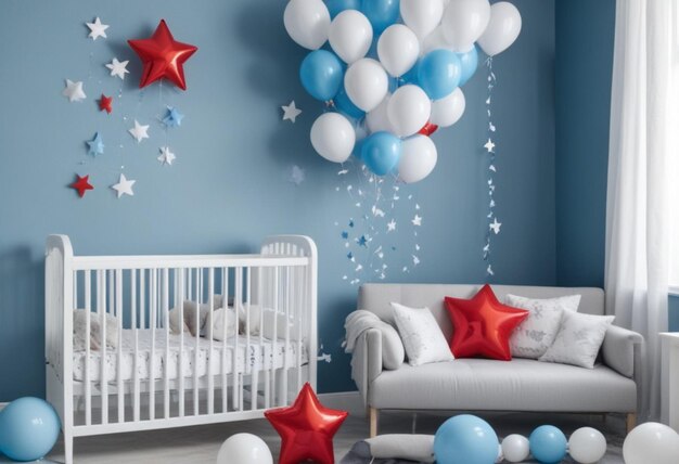 Foto una habitación azul con globos y un bebé en ella