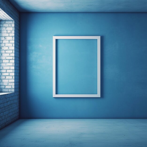 Una habitación azul con un marco blanco en la pared.