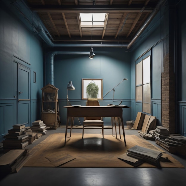 Una habitación azul con una mesa de madera y una silla de madera frente a una ventana que dice 'la palabra' en ella '