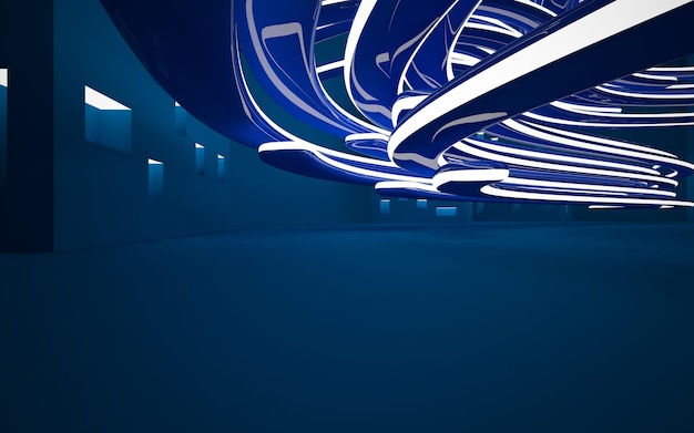 Una habitación azul con piso azul y luces que dicen "en él".