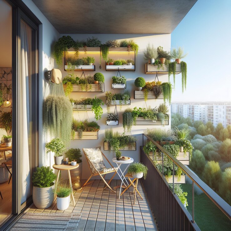 una habitación con un balcón con plantas en la pared y un balcín con vistas a la ciudad