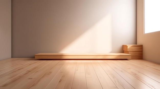 Una habitación con un banco de madera y una pared blanca.