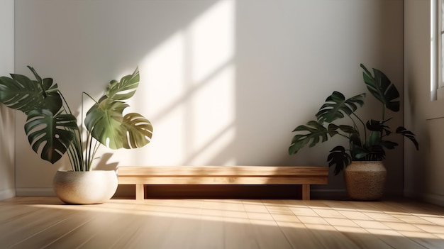 Una habitación con un banco y plantas encima.