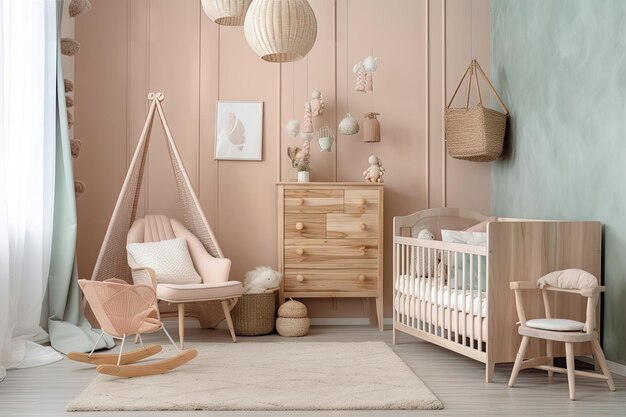 Habitación de bebé con colores pastel suaves y muebles rústicos de madera creados con aire generativo.