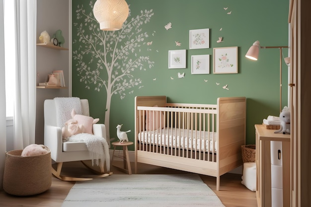 La habitación de un bebé con un mural de un árbol en la pared.