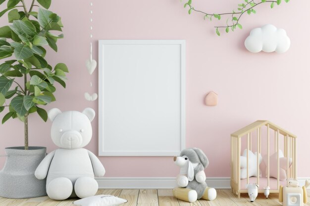 Una habitación para bebés con paredes rosadas y un oso de peluche blanco