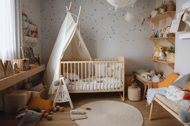 Habitación para bebés con ropa de cama suave y acogedora rodeada de juguetes y libros creados con ai generativa