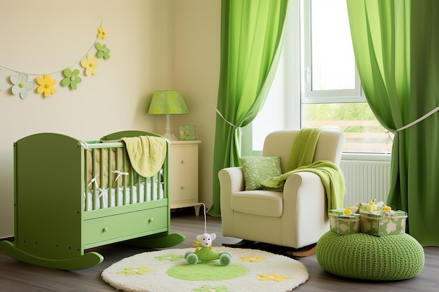 Una habitación para bebés de temática verde con móvil de trébol