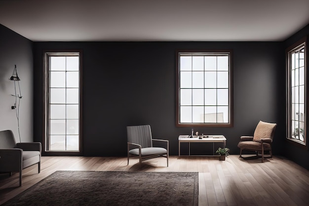 Habitación bellamente decorada con una ventana y muebles, imagen de fondo. IA generativa