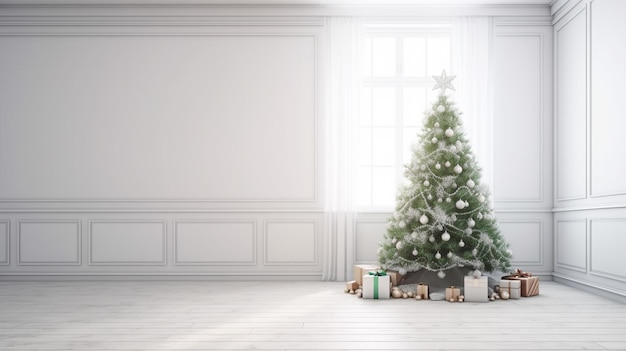 Una habitación blanca con un árbol de navidad y regalos.