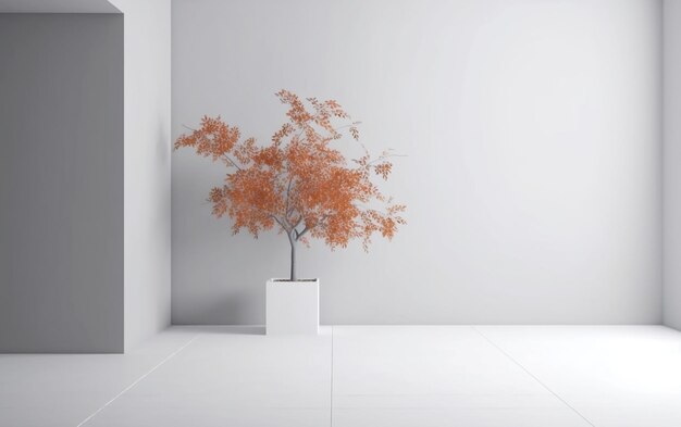 Una habitación blanca con un árbol y una pared blanca.
