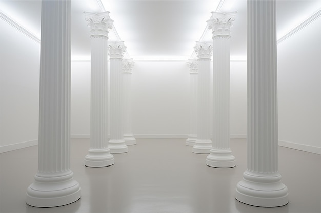 Una habitación blanca con columnas y una luz en el medio.