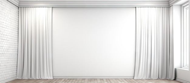 Foto habitación blanca contemporánea con paredes de ladrillo, suelo de madera e iluminación. maqueta de espacio vacío.