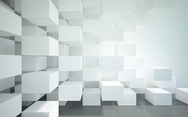 Una habitación blanca con cubos y una pared blanca.