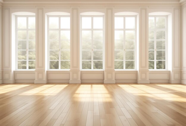 Una habitación blanca de época vacía con parquet y ventanas