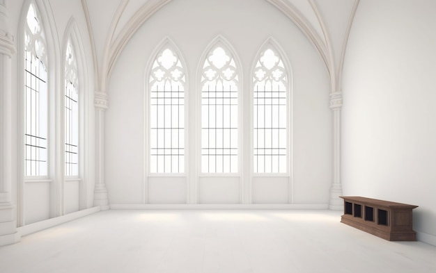 Una habitación blanca con una gran ventana y un banco en el medio.