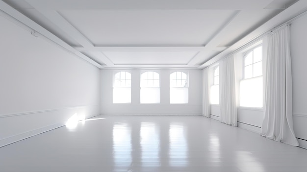 Una habitación blanca con una gran ventana y paredes blancas.