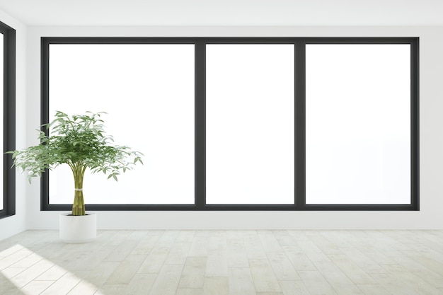 Foto una habitación blanca con un gran ventanal que dice 'árbol'