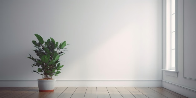 Una habitación blanca con una maceta en el suelo.