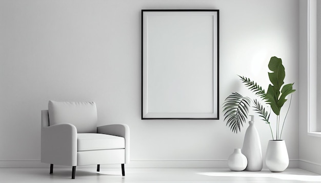 Una habitación blanca con un marco y una planta en la pared.