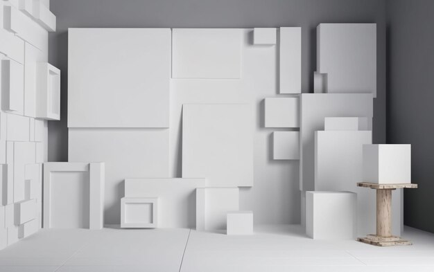 Una habitación blanca con una mesa blanca y paredes blancas y una gran caja blanca con las palabras "3d".