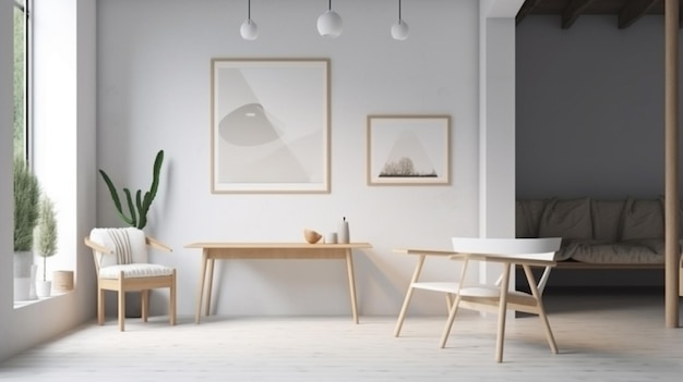 Una habitación blanca con mesa y sillas y una planta en la pared.