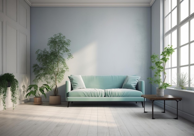 habitación blanca moderna con planta verde y fondo minimalista de sofá azul oscuro