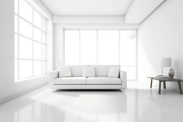 Foto habitación blanca con un moderno sofá blanco ai