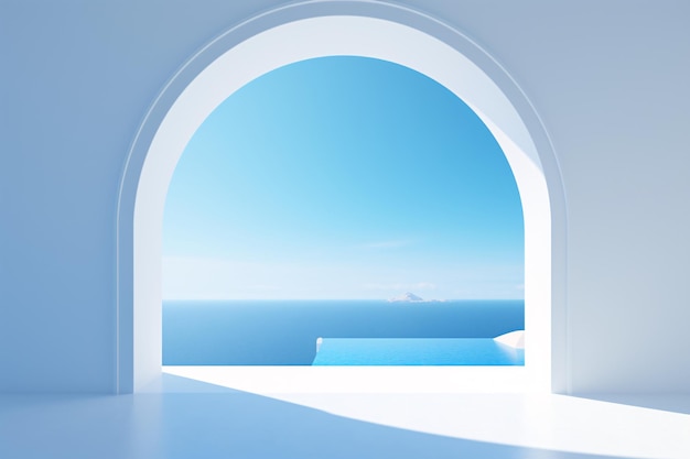 una habitación blanca con una piscina y un cielo azul