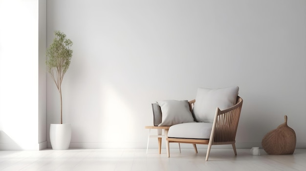 Una habitación blanca con una planta en la pared y una silla.