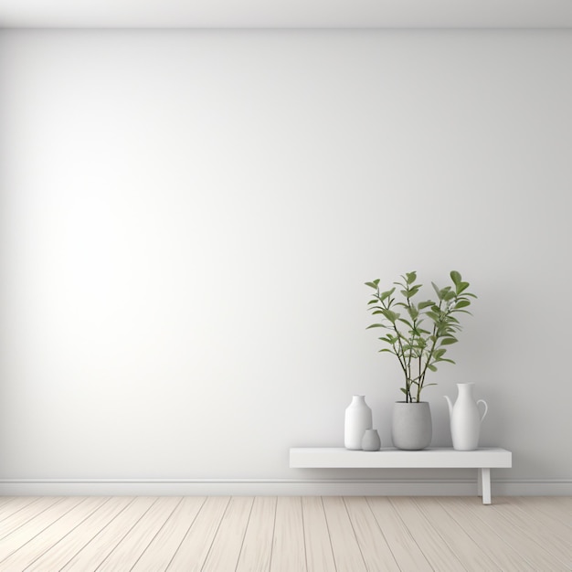 una habitación blanca con una planta sobre la mesa y una maceta con una planta dentro