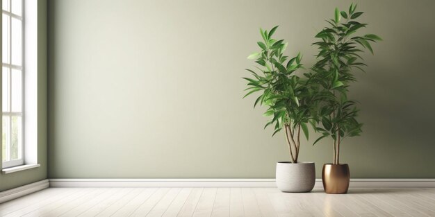 Una habitación blanca con una planta en el suelo y una caja de madera en el suelo.