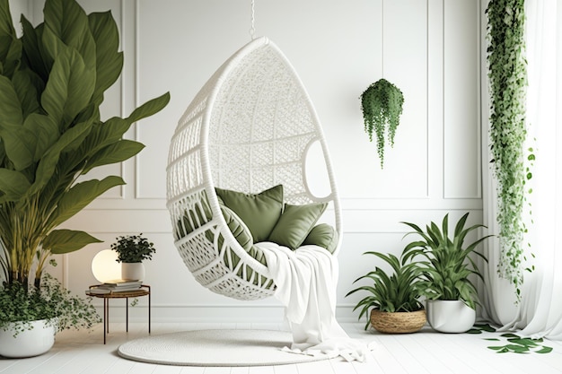 Habitación blanca con plantas verdes y silla colgante IA generativa