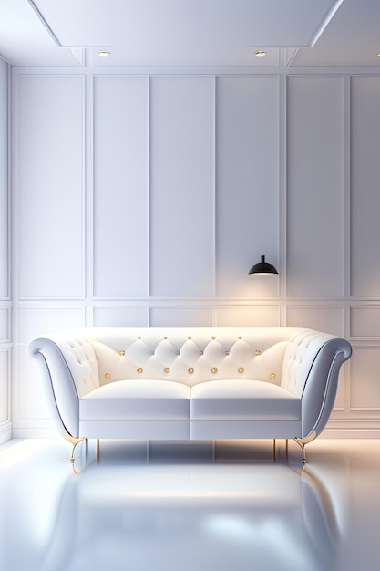 Habitación blanca rígida con sofá blanco moderno Concepto de mundo blanco limpio Posprocesado