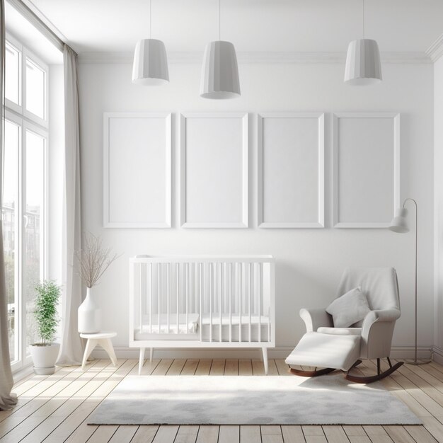 Una habitación blanca con una silla blanca y una cuna blanca con tres marcos blancos en la pared.