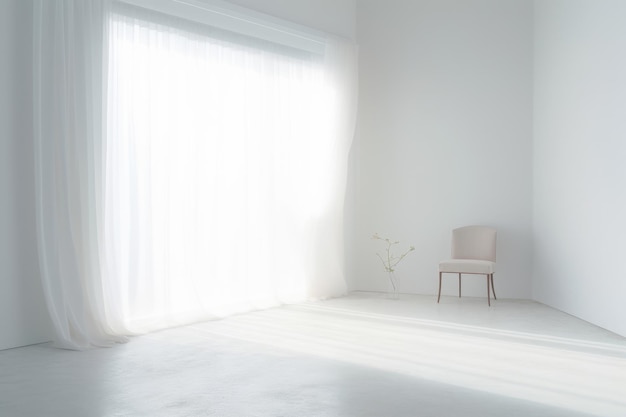 Una habitación blanca con una silla y una planta en el suelo.