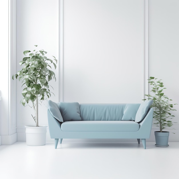 Una habitación blanca con un sofá azul y dos macetas.