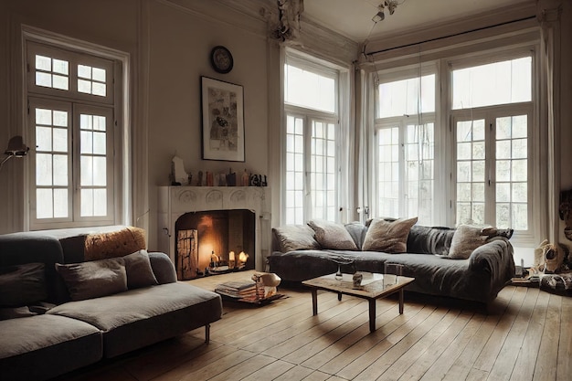Habitación blanca con sofás grises a lo largo de las paredes con chimenea y mesa de café