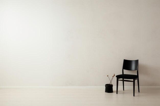 Foto una habitación blanca con una sola silla negra contra una pared limpia